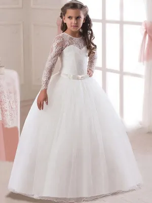 White Princess Pageant Dress Long Sleeve Lace Kids Bow Sash Long Party Dress