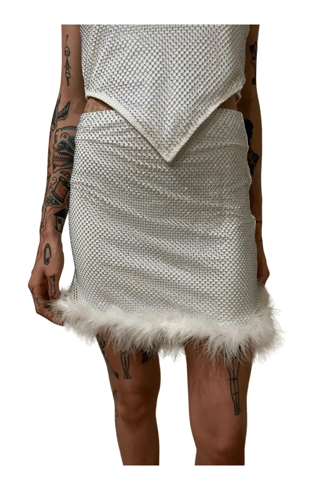 White Rhinestone Mesh Skirt with Fluffy Trim
