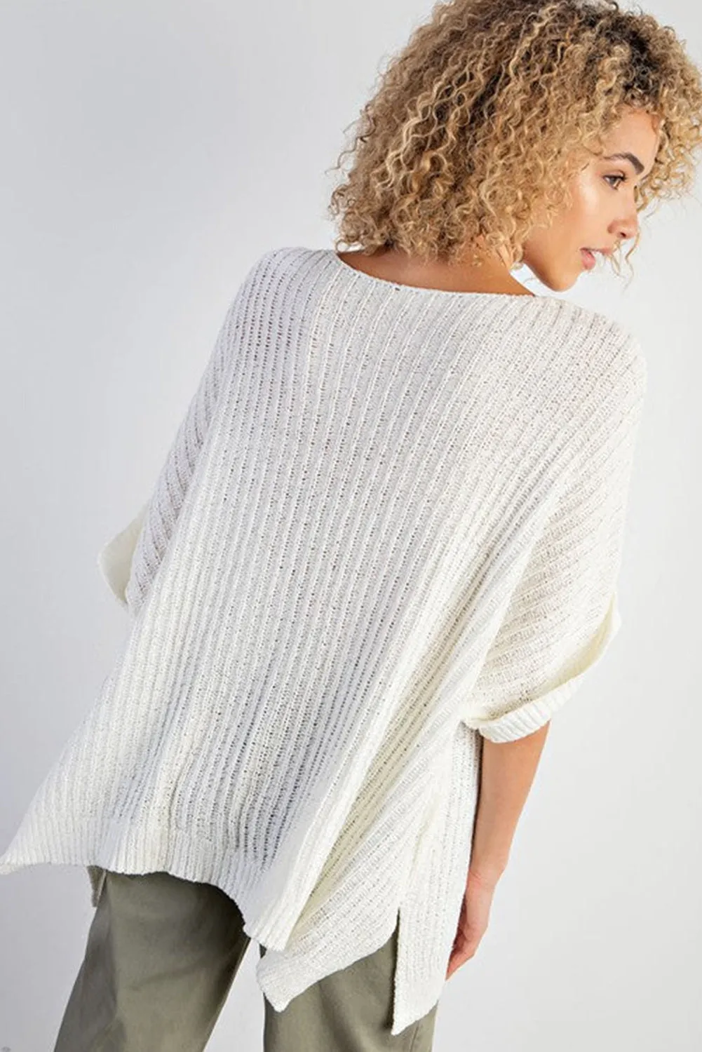 White Rolled Cuffs Loose Knit Tee with Slits
