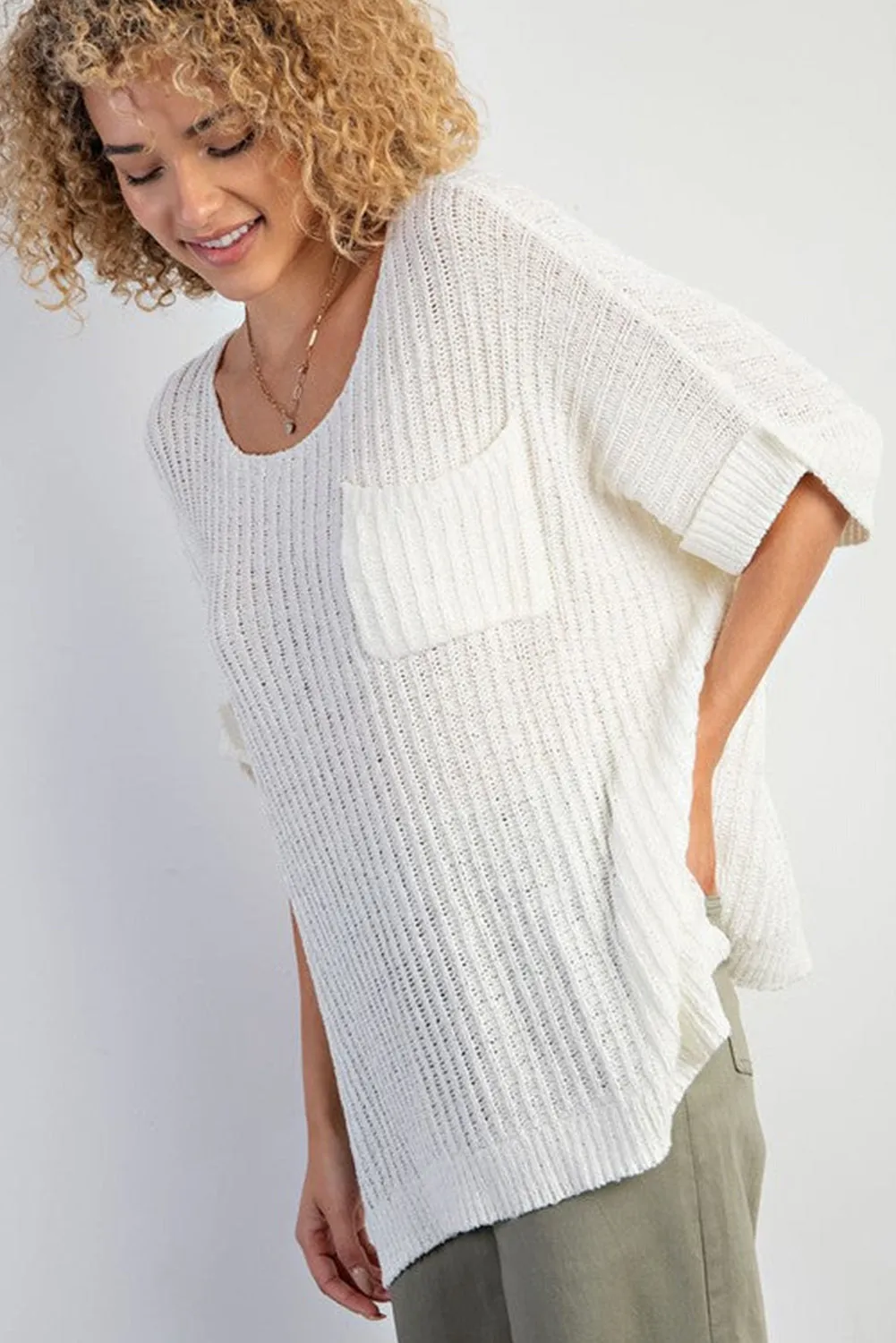 White Rolled Cuffs Loose Knit Tee with Slits