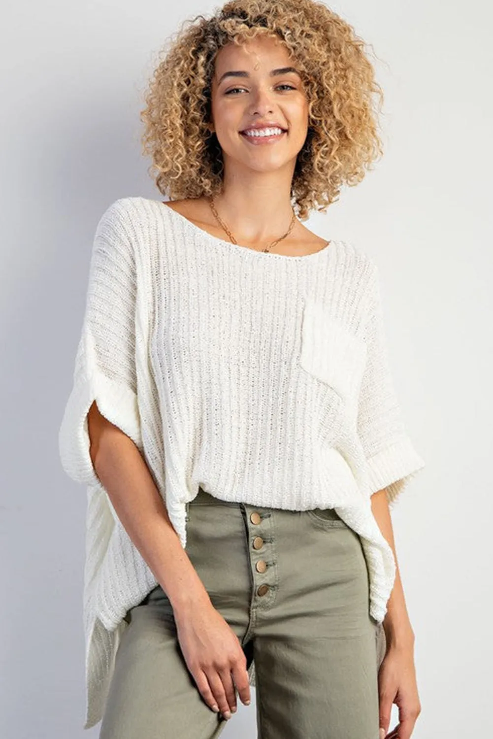 White Rolled Cuffs Loose Knit Tee with Slits