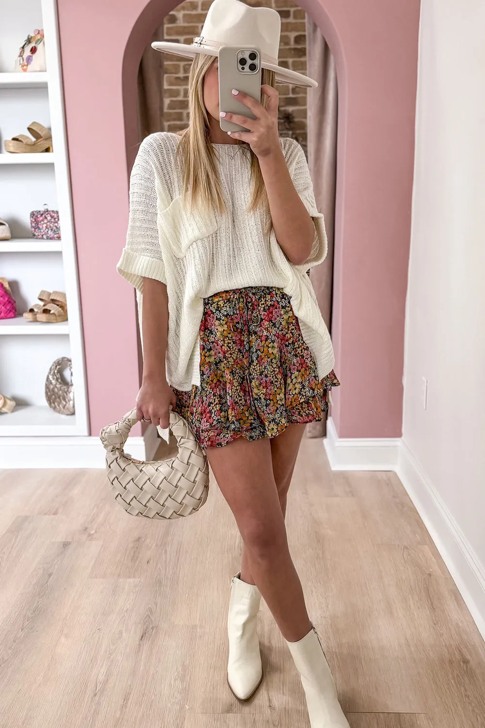 White Rolled Cuffs Loose Knit Tee with Slits