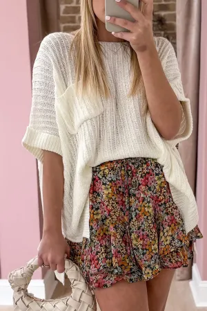 White Rolled Cuffs Loose Knit Tee with Slits