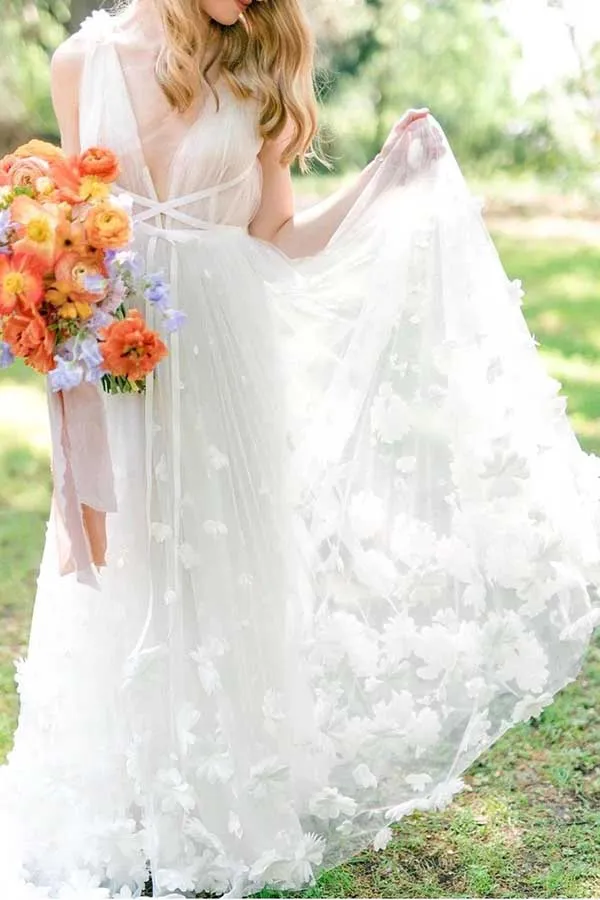 White Tulle A-line V-neck Beach Wedding Dresses With Flowers, Bridal Gown, SW543