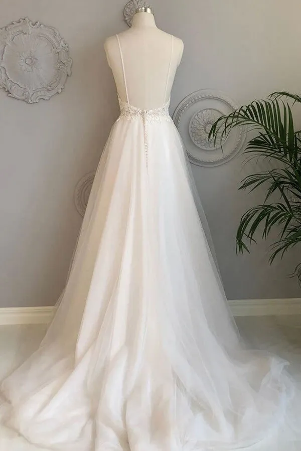 White Tulle Lace A-line Spaghetti Straps Beach Wedding Dresses, SW374