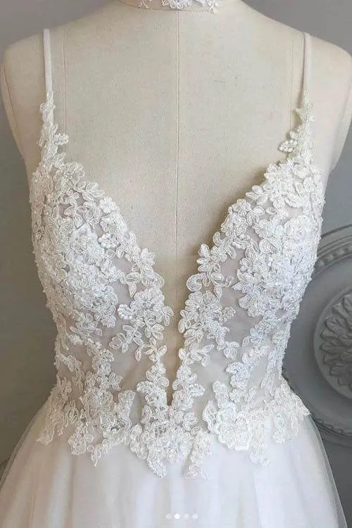 White Tulle Lace A-line Spaghetti Straps Beach Wedding Dresses, SW374