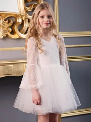White V-Neck Long Sleeves Polyester Kids Social Party Dresses