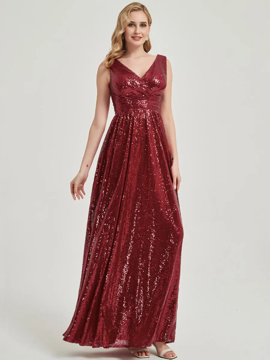 Wine Red V-Neck Sleeveless Floor Length Sequin Bridesmaid Dress