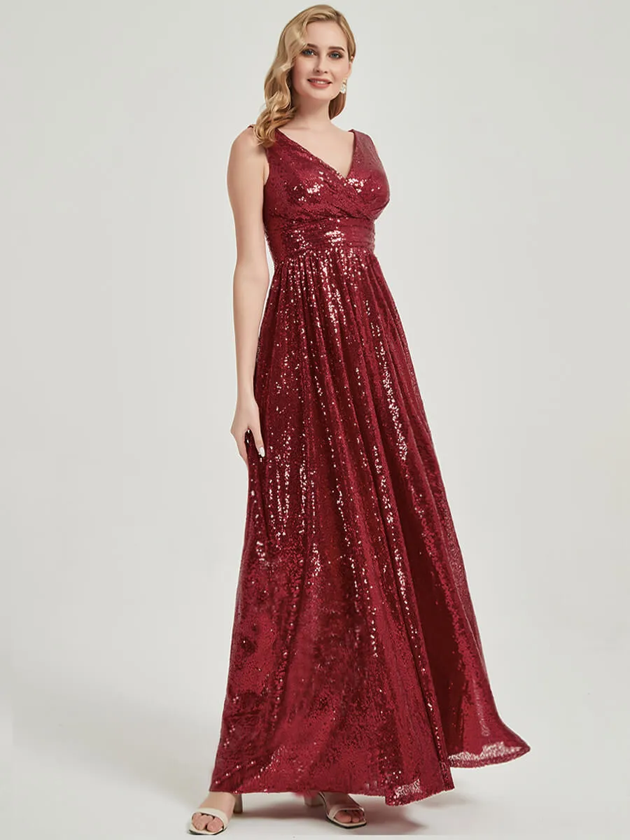 Wine Red V-Neck Sleeveless Floor Length Sequin Bridesmaid Dress