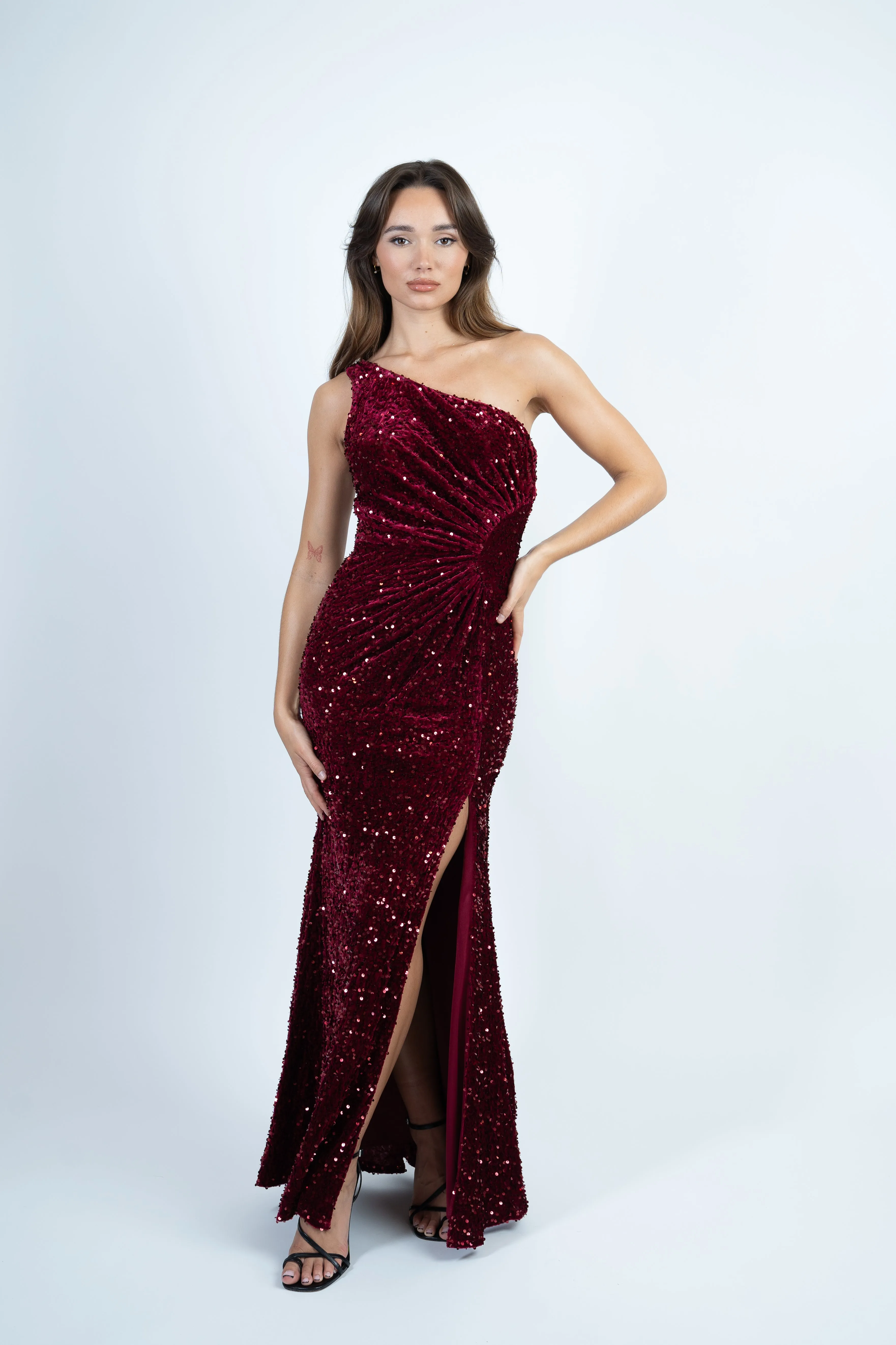 Wine Velvet Sequin One Shoulder Maxi Dress with Slit