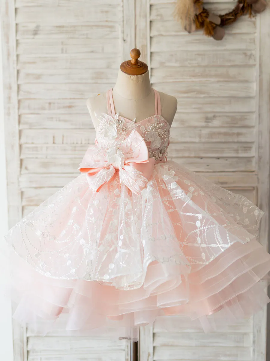With Sash Pink Sleeveless Backless Short Tulle Kids Party Dresses