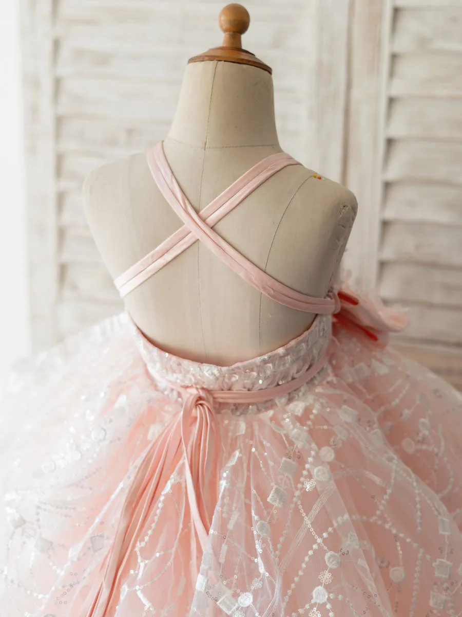 With Sash Pink Sleeveless Backless Short Tulle Kids Party Dresses