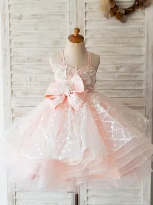 With Sash Pink Sleeveless Backless Short Tulle Kids Party Dresses