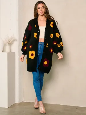 WOMEN'S LONG SLEEVE BUTTON UP FLORAL OVERSIZED CARDIGAN