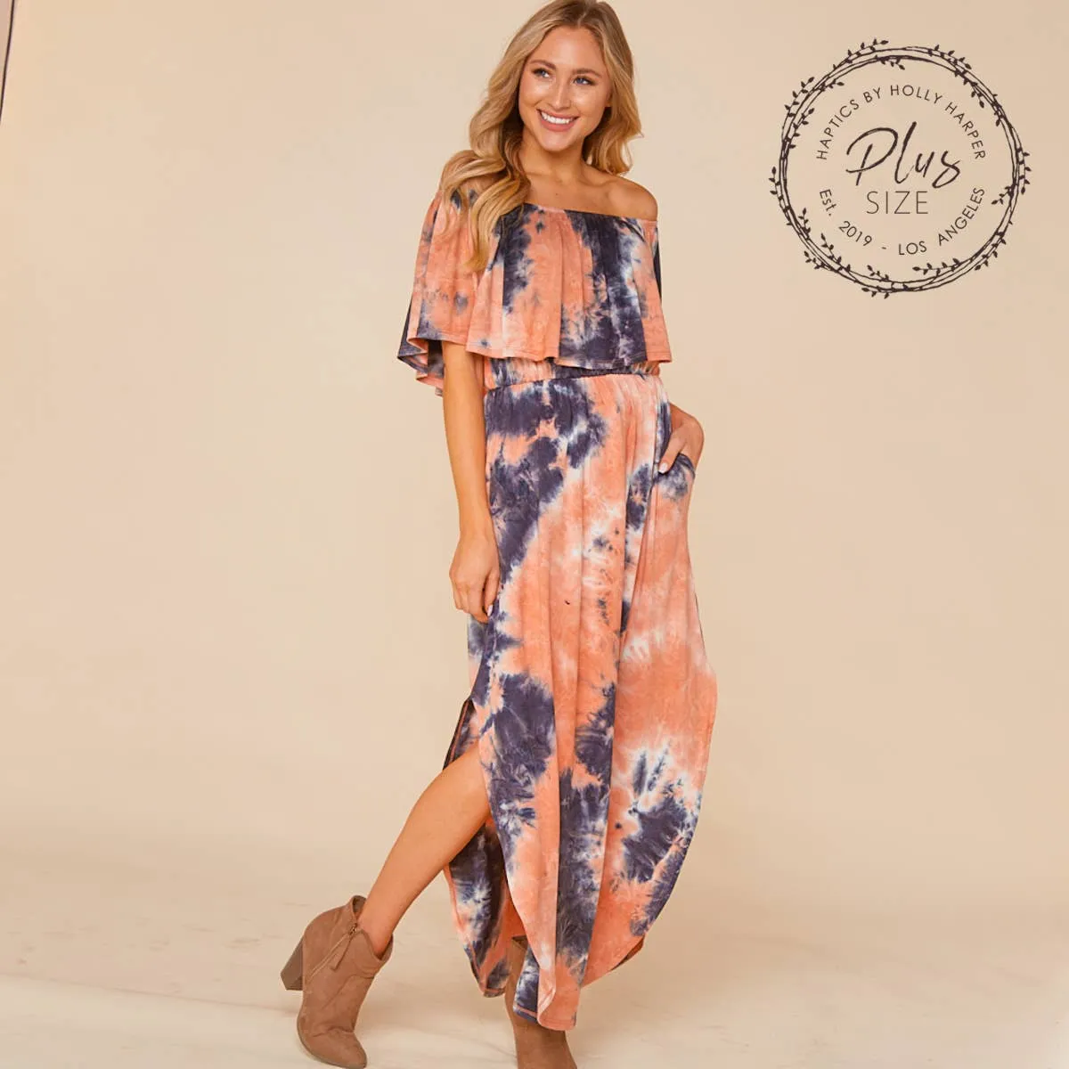 Women's Plus size off the shoulder Navy/ Coral tie dye flowy maxi dress