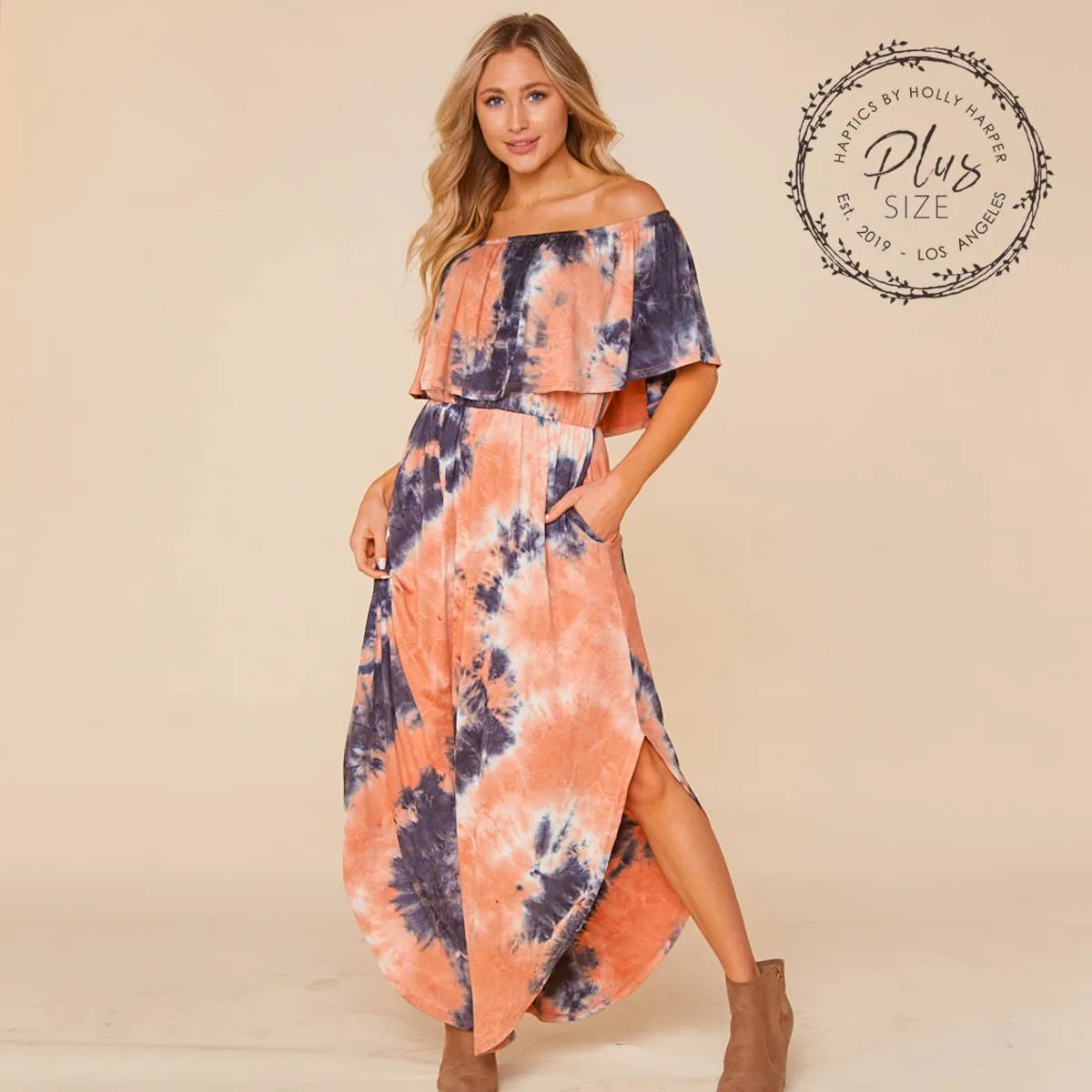 Women's Plus size off the shoulder Navy/ Coral tie dye flowy maxi dress