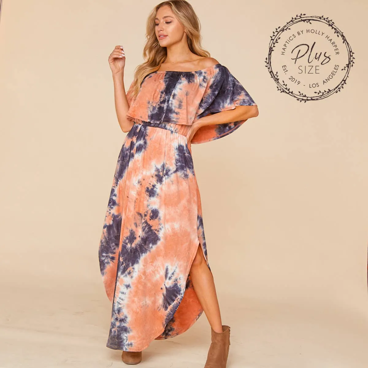 Women's Plus size off the shoulder Navy/ Coral tie dye flowy maxi dress