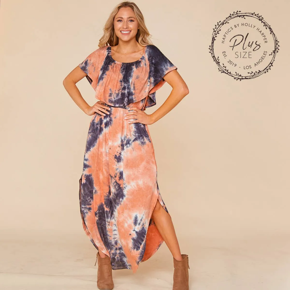 Women's Plus size off the shoulder Navy/ Coral tie dye flowy maxi dress