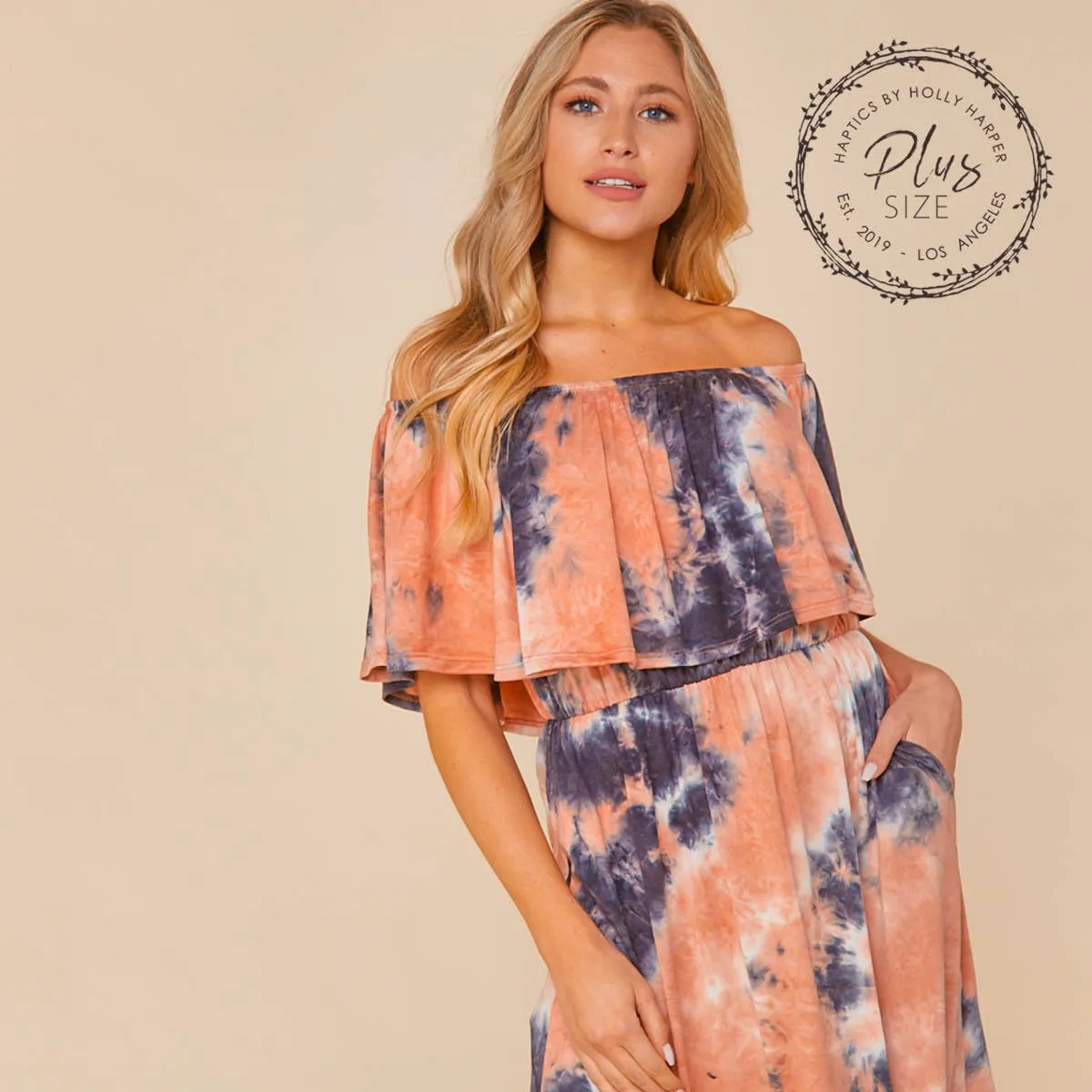 Women's Plus size off the shoulder Navy/ Coral tie dye flowy maxi dress