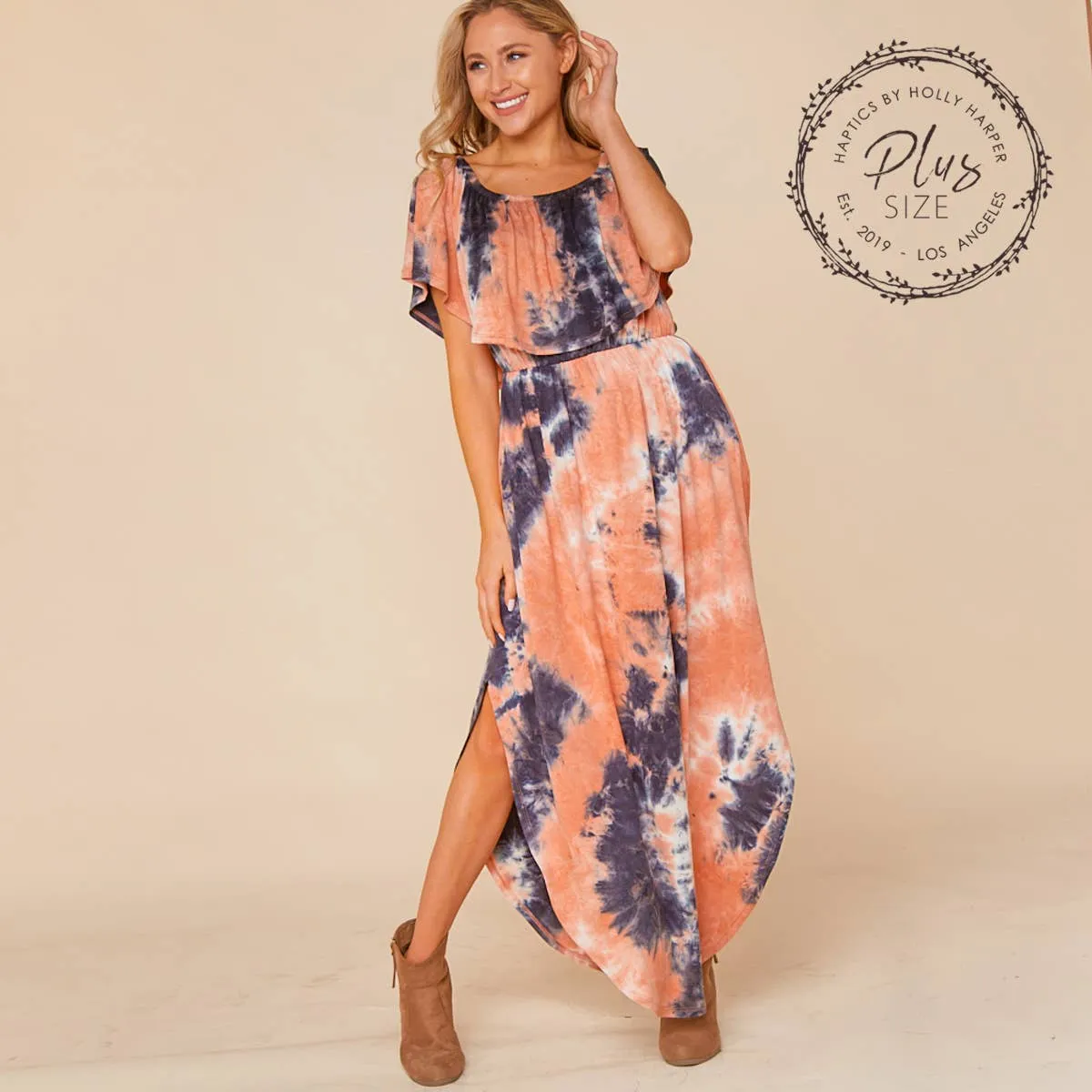 Women's Plus size off the shoulder Navy/ Coral tie dye flowy maxi dress