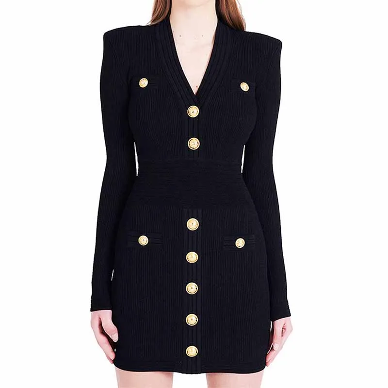 Women's Short Knitted Dress With Gold Buttons Ribbed Mini-dress