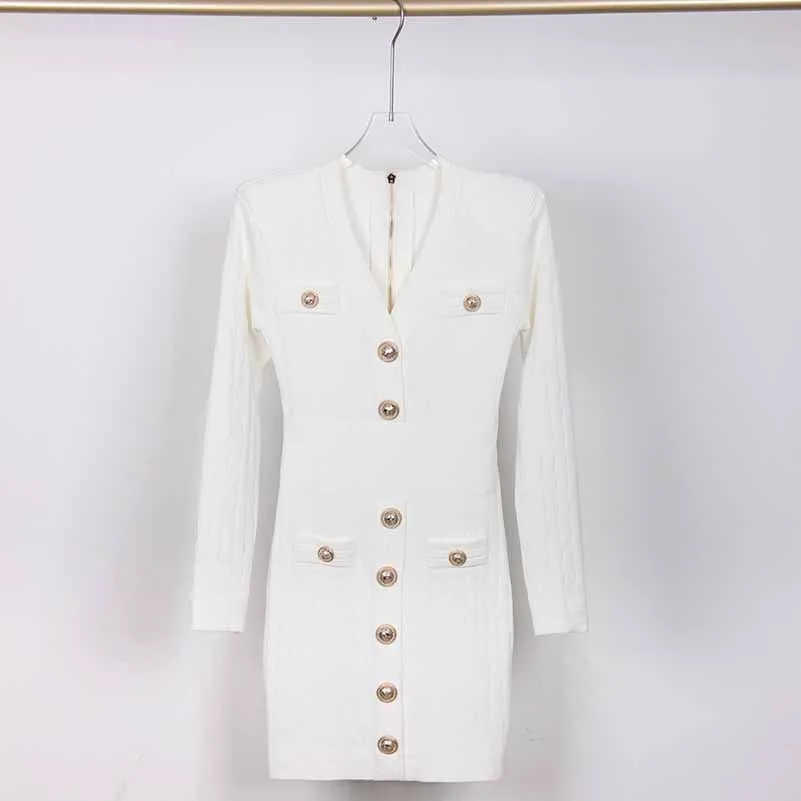 Women's Short Knitted Dress With Gold Buttons Ribbed Mini-dress