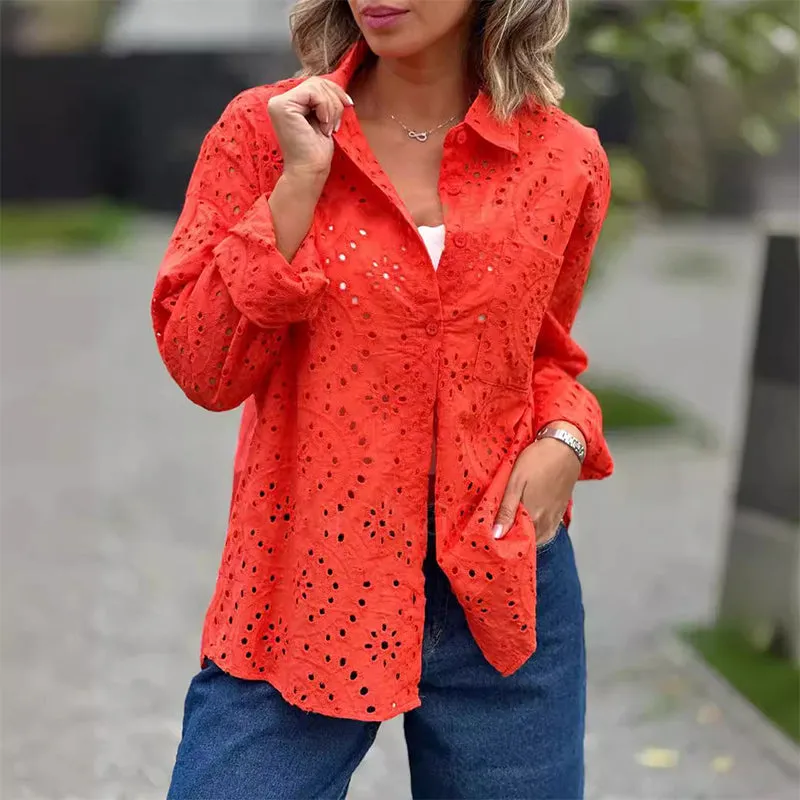 Women's Solid Color Cut-Out Long Sleeve Shirt