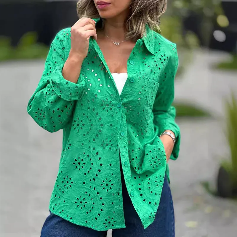 Women's Solid Color Cut-Out Long Sleeve Shirt