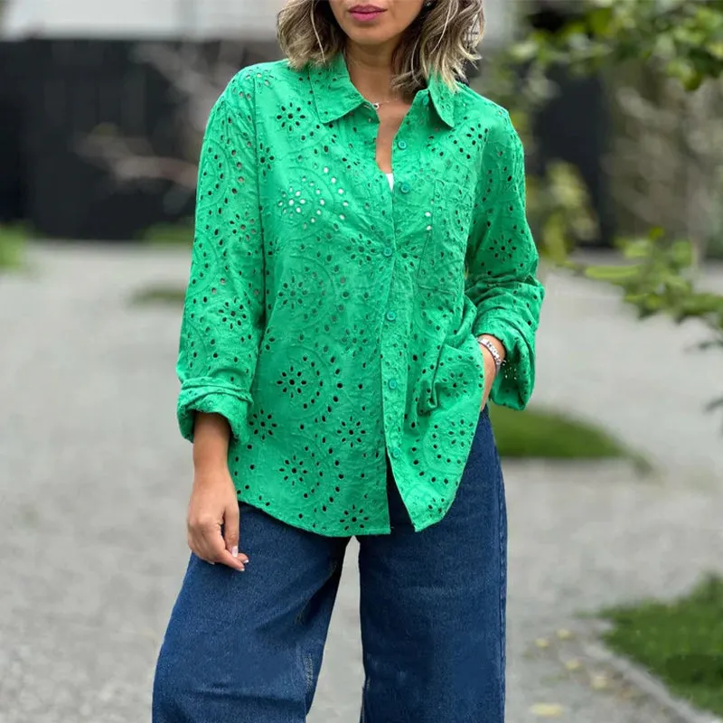 Women's Solid Color Cut-Out Long Sleeve Shirt