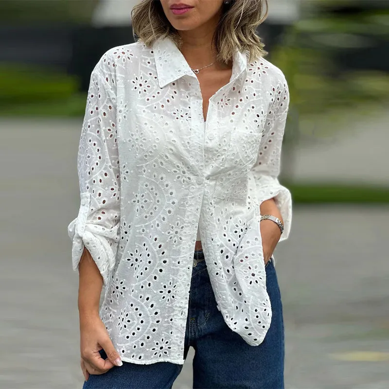 Women's Solid Color Cut-Out Long Sleeve Shirt