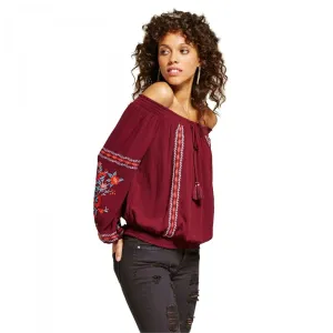 Xhilaration Women's Off The Shoulder Gypsy Shirt Blouse Maroon Medium