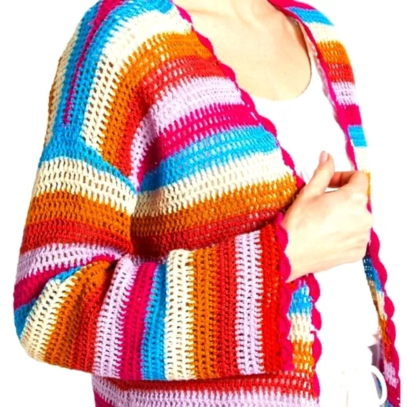 Xirena Carsyn Cardigan Women Multicolor Stripe Crocheted Scallop Trim XS NWT