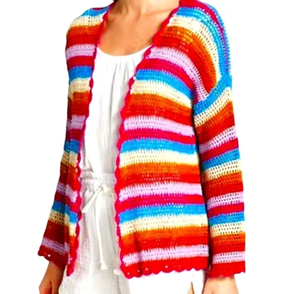 Xirena Carsyn Cardigan Women Multicolor Stripe Crocheted Scallop Trim XS NWT