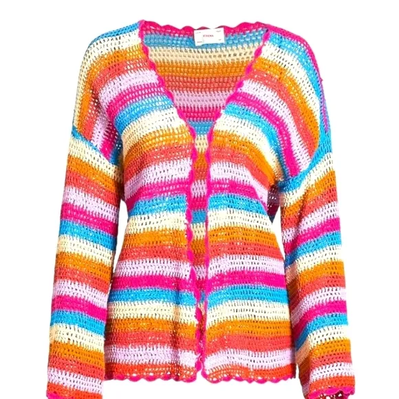 Xirena Carsyn Cardigan Women Multicolor Stripe Crocheted Scallop Trim XS NWT