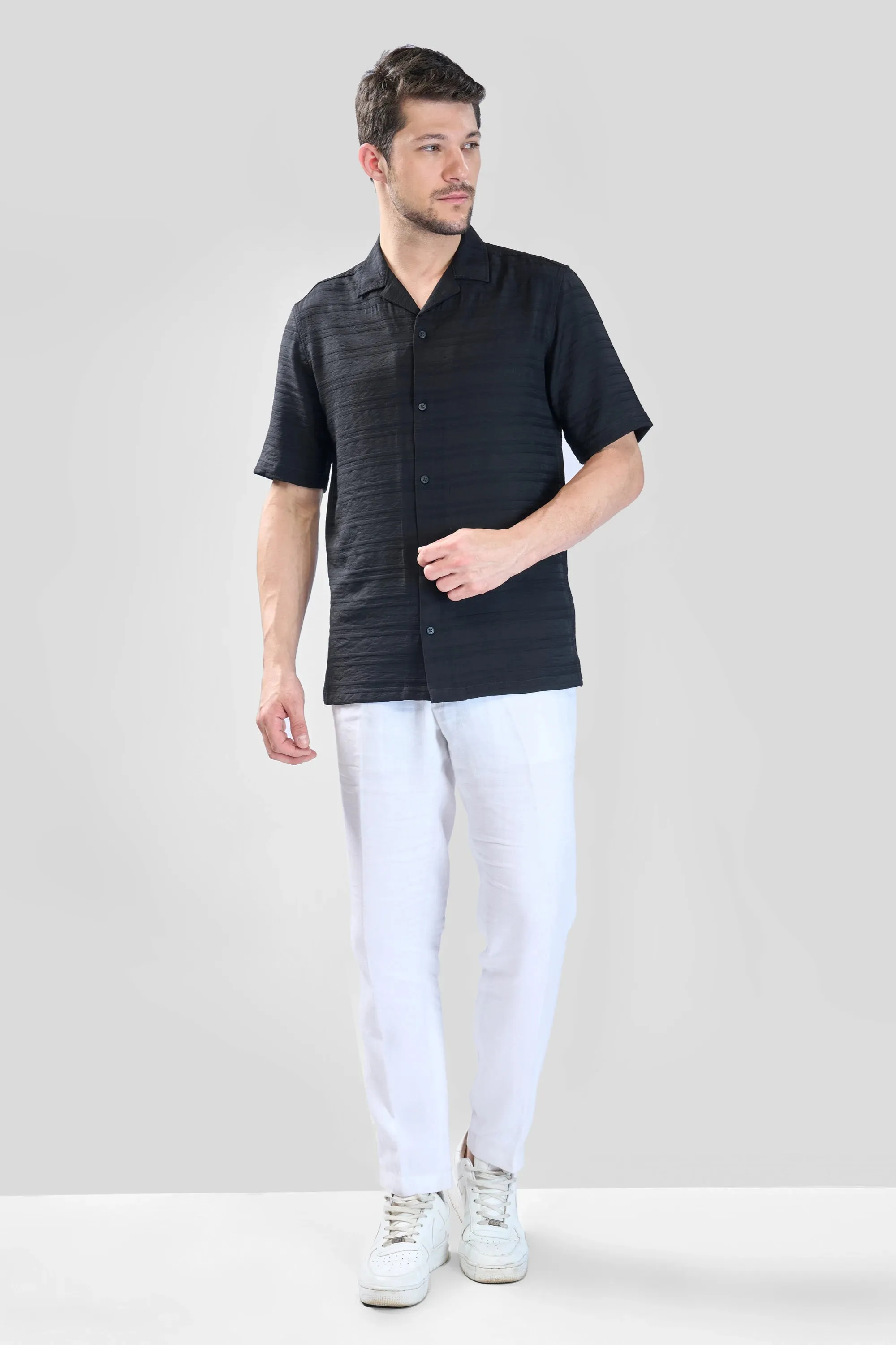 XKIND BLACK HORIZONTAL PLEATED STRIPES RELAXED FIT SHIRT