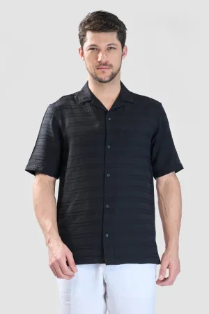 XKIND BLACK HORIZONTAL PLEATED STRIPES RELAXED FIT SHIRT