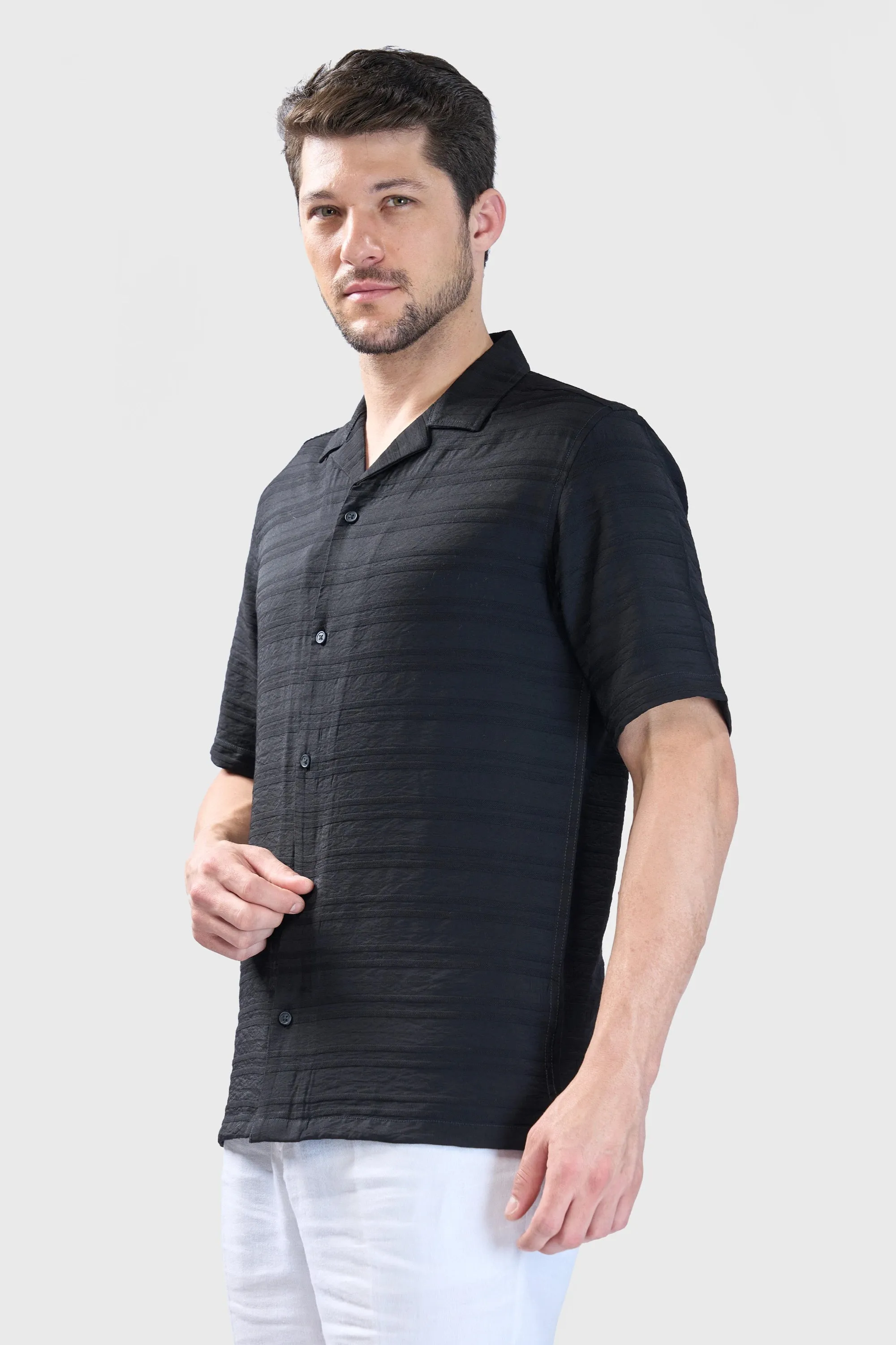 XKIND BLACK HORIZONTAL PLEATED STRIPES RELAXED FIT SHIRT