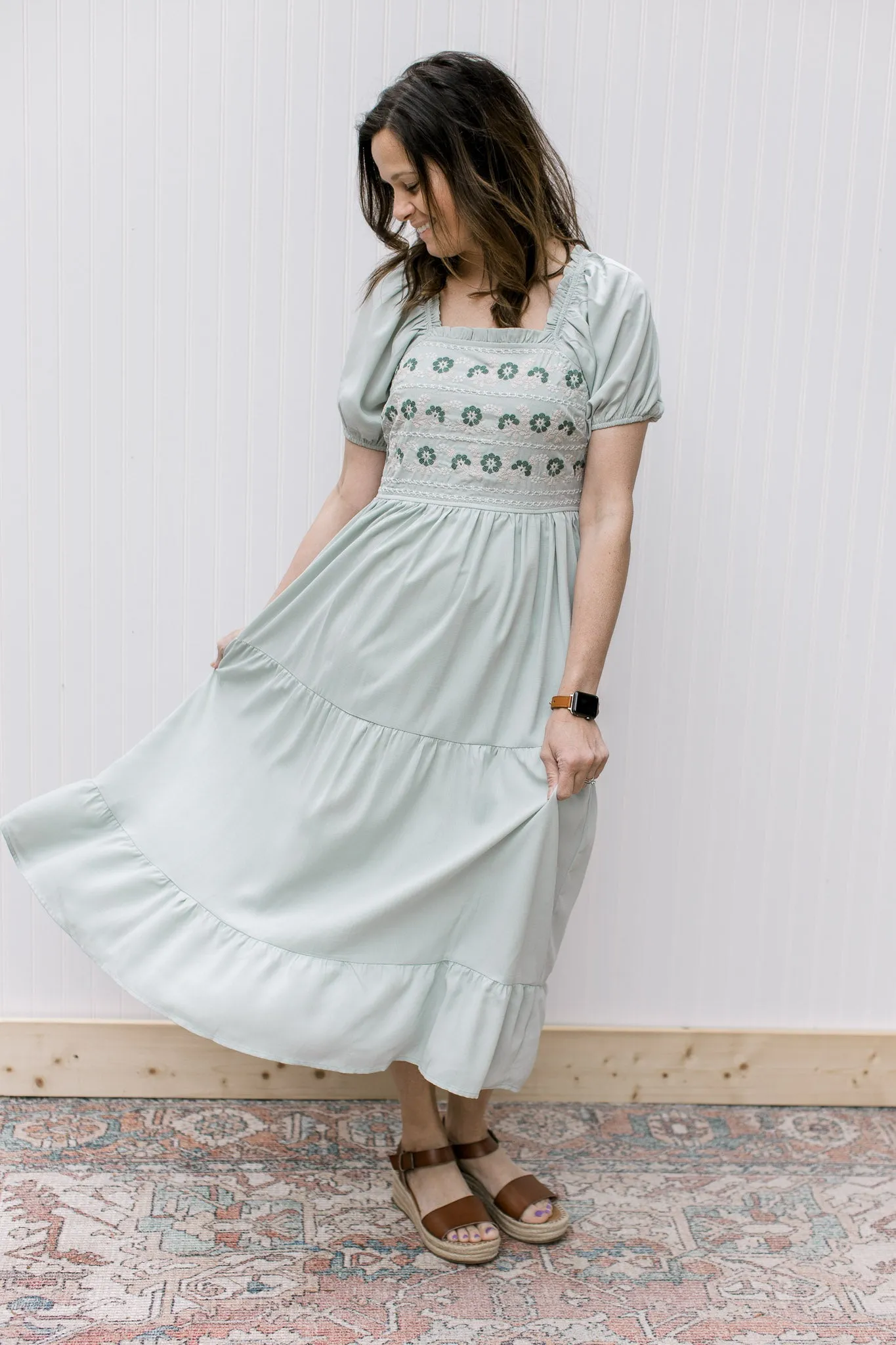 XZ Sage Floral Embroidery Dress