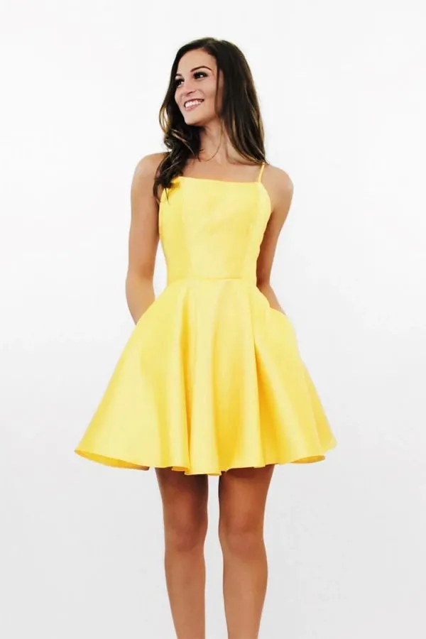 Yellow A-line Homecoming Dress With Pockets, Simple Graduation Dress, MH537