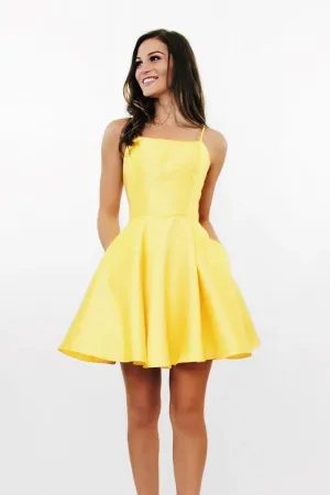 Yellow A-line Homecoming Dress With Pockets, Simple Graduation Dress, MH537