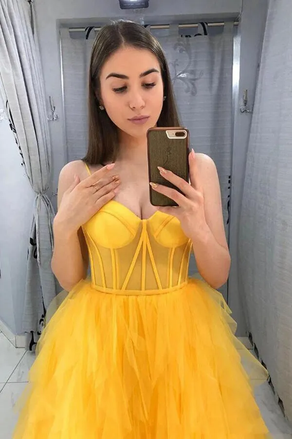 Yellow A-line Organza Spaghetti Straps Prom Dresses, Evening Dresses, SP665