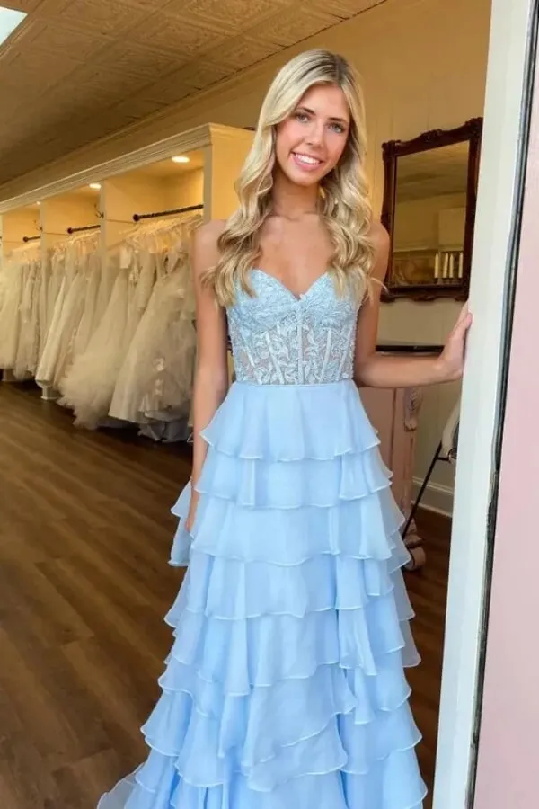 Yellow Chiffon A Line Appliques Tiered Sweetheart Strapless Prom Dresses, SLP073