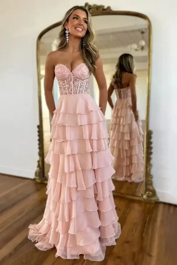 Yellow Chiffon A Line Appliques Tiered Sweetheart Strapless Prom Dresses, SLP073