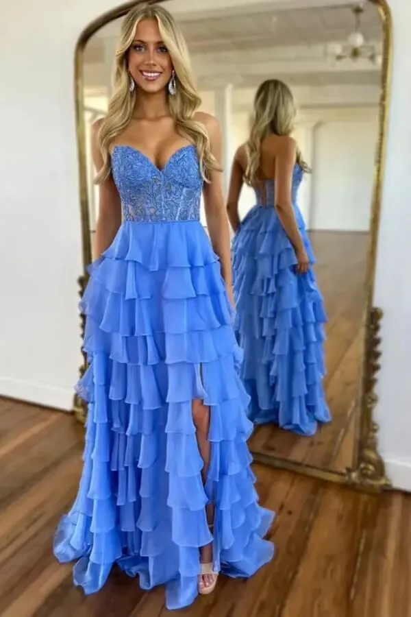 Yellow Chiffon A Line Appliques Tiered Sweetheart Strapless Prom Dresses, SLP073