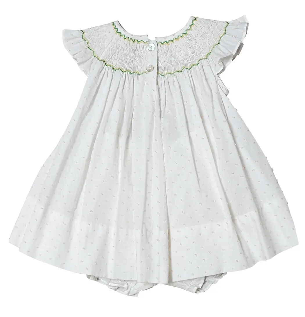Yellow Plumeti hand smocked baby girl bishop set