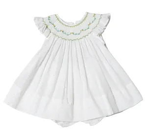 Yellow Plumeti hand smocked baby girl bishop set