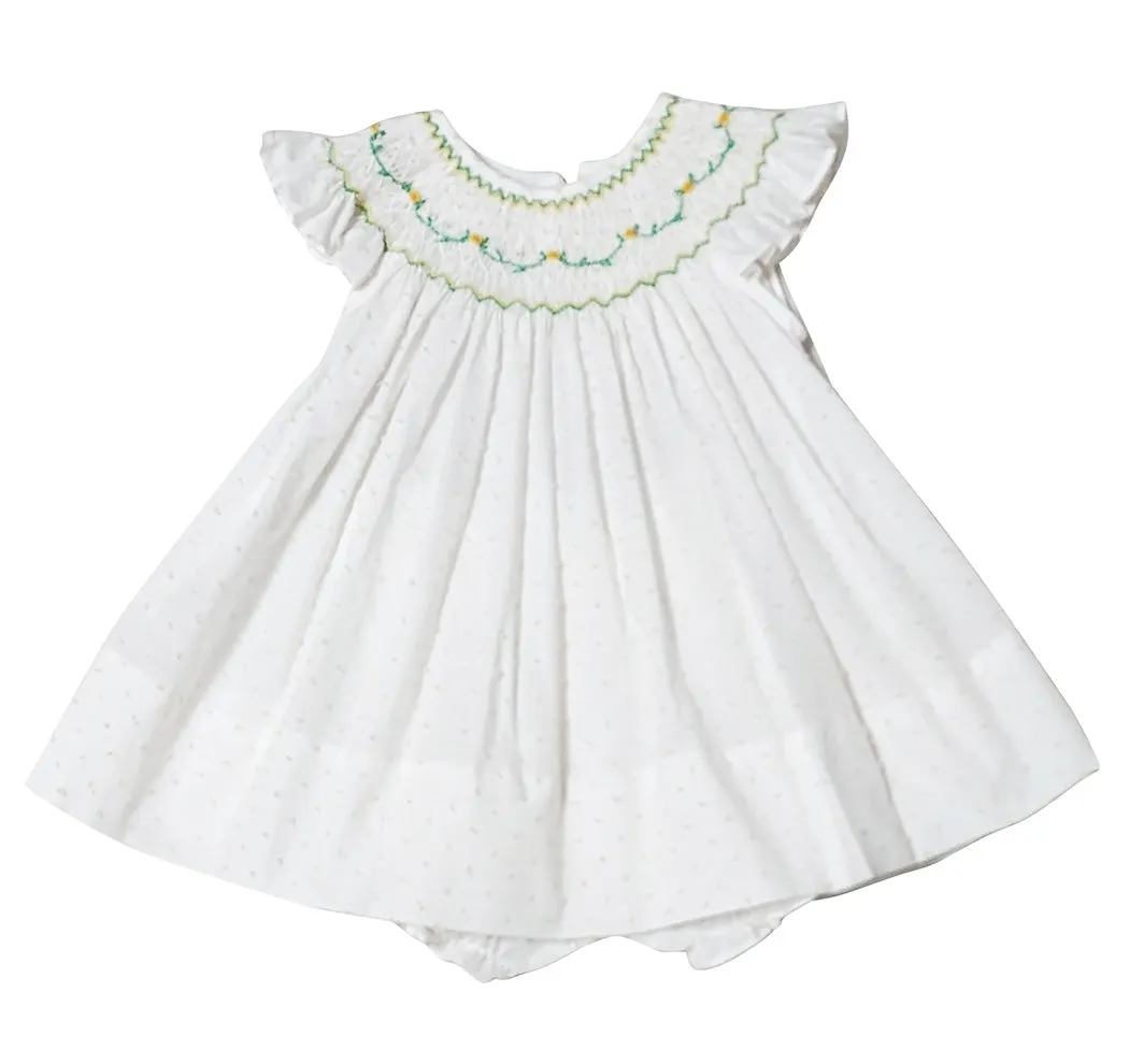 Yellow Plumeti hand smocked baby girl bishop set