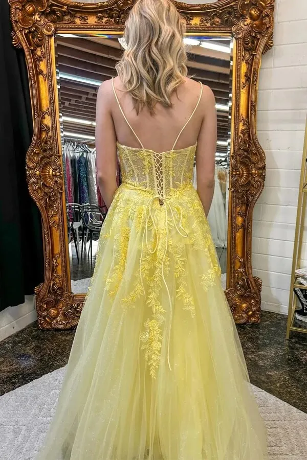 Yellow Tulle A-line V-neck Spaghetti Straps Lace Appliques Prom Dresses, MP912