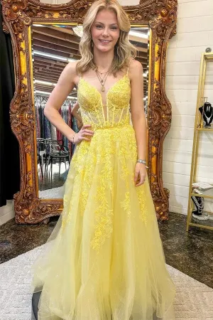 Yellow Tulle A-line V-neck Spaghetti Straps Lace Appliques Prom Dresses, MP912