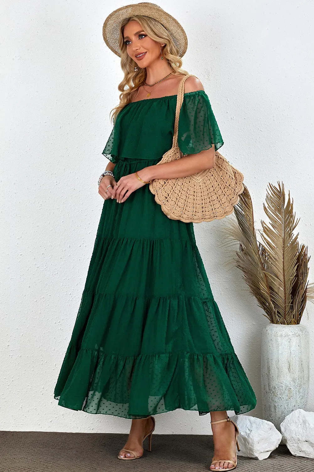 Yellow Yellow Off Shoulder Ruffle Swiss Dot Maxi Dress